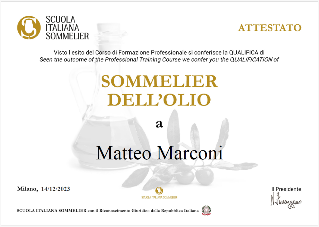 Attestato rilasciato dalla Scuola Italiana Sommelier